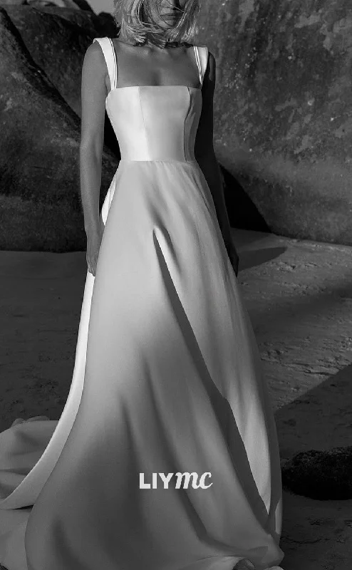 LW936 - Square Sleeveless Sleek Satin A-Line Sweep Train Beach Wedding Dress