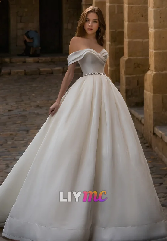 Off-Shoulder Strapless Pleated Satin Classic A-Line Wedding Dress