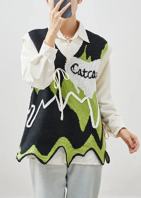 Modern Green Asymmetrical Patchwork Knit Vests Spring