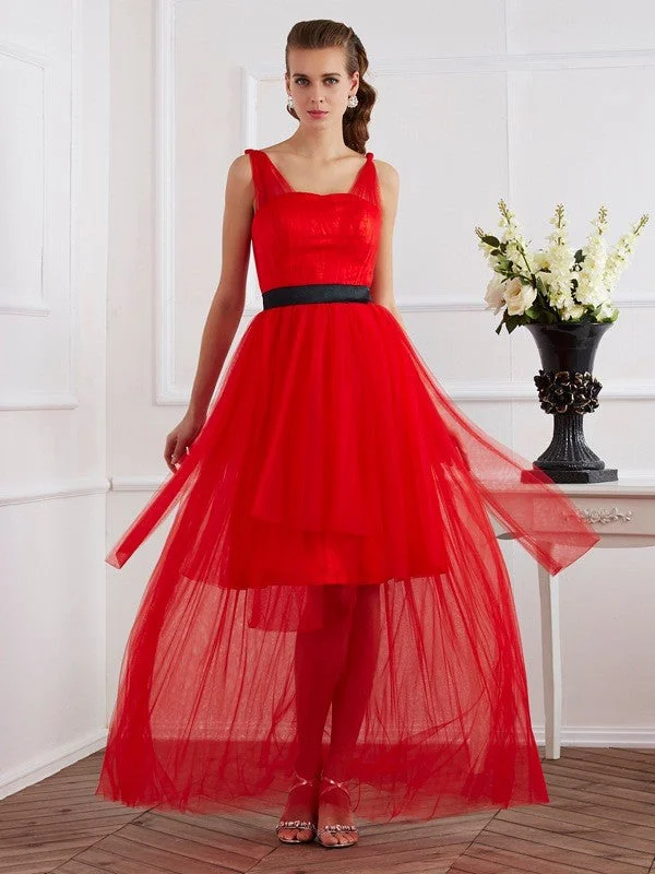 A-Line/Princess Straps Sleeveless Pleats Long  Woven Satin Dresses