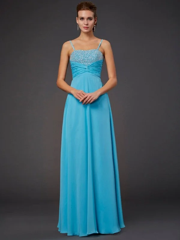 A-Line/Princess Spaghetti Straps Sleeveless Beading Long Chiffon Dresses