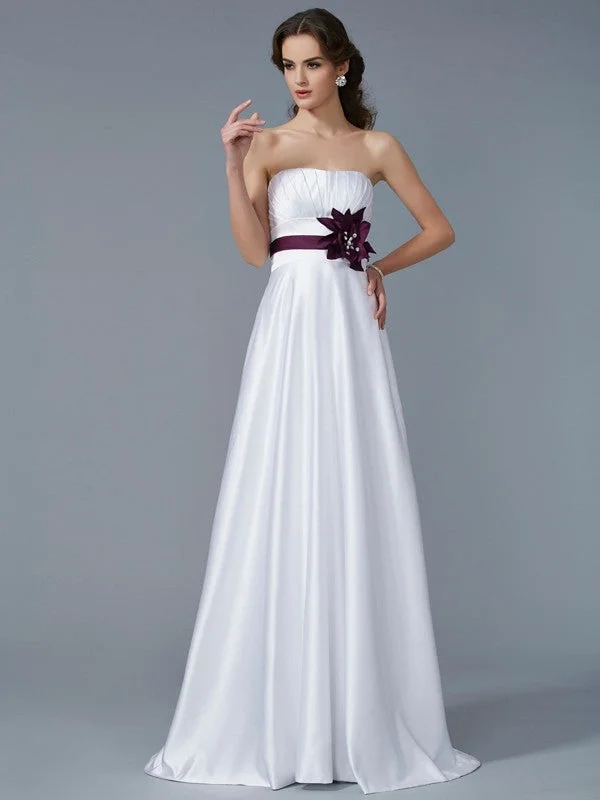 A-Line/Princess Strapless Sleeveless Hand-Made Flower Long Satin Dresses