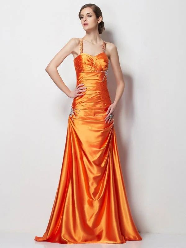 A-Line/Princess Spaghetti Straps Sleeveless Beading Long  Woven Satin Dresses