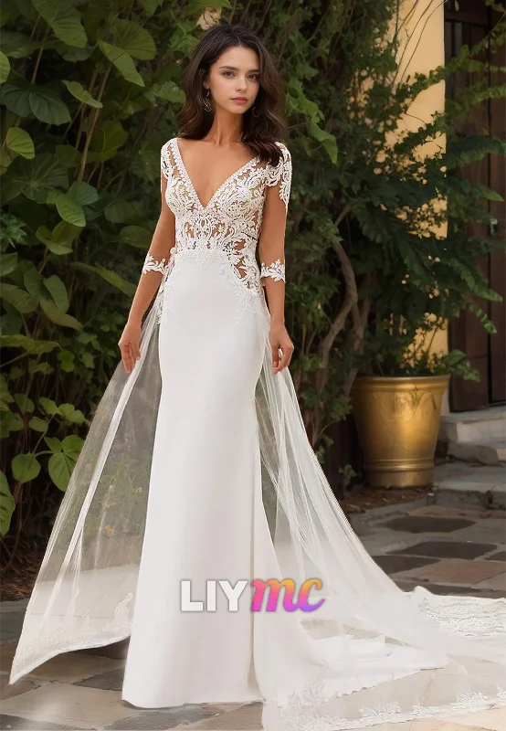 V-Neck Long Sleeves Lace Appliques Sleek Mermaid Wedding Dress