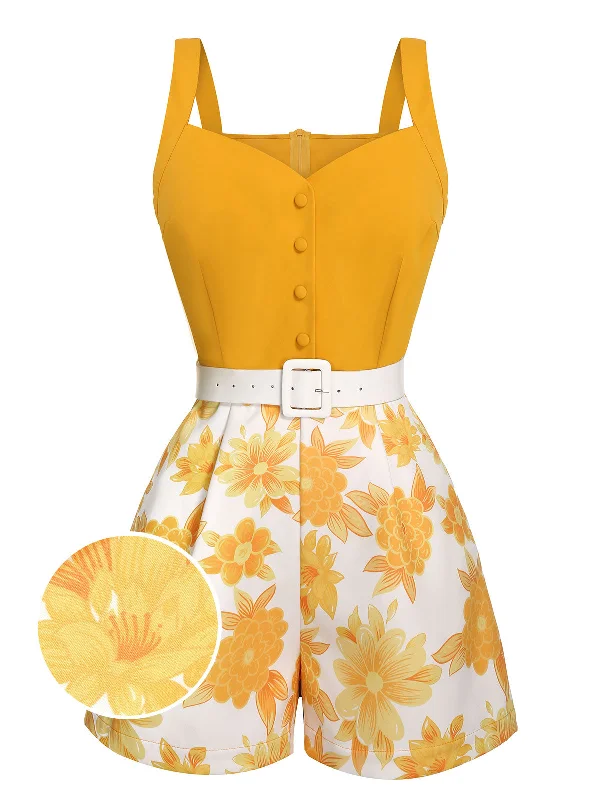 Yellow 1950s Spaghetti Strap Floral Romper