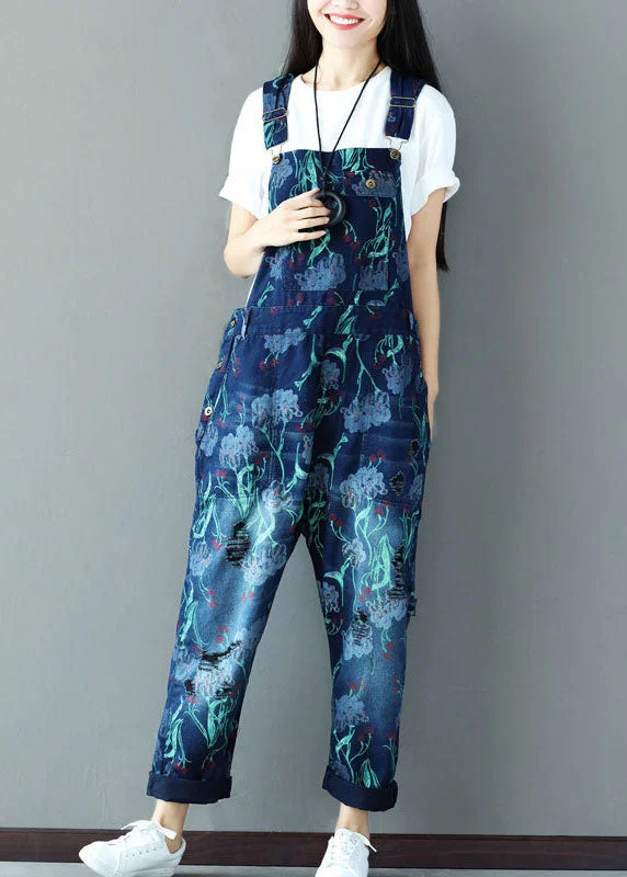 Italian Navy Print Cotton Denim Jumpsuits Ripped Jeans Spring