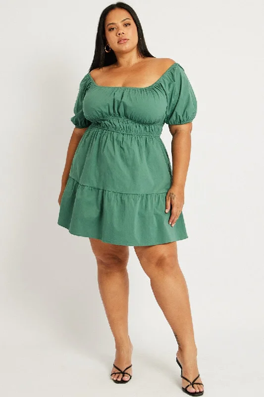 Green Puff Sleeve Gather Minidress