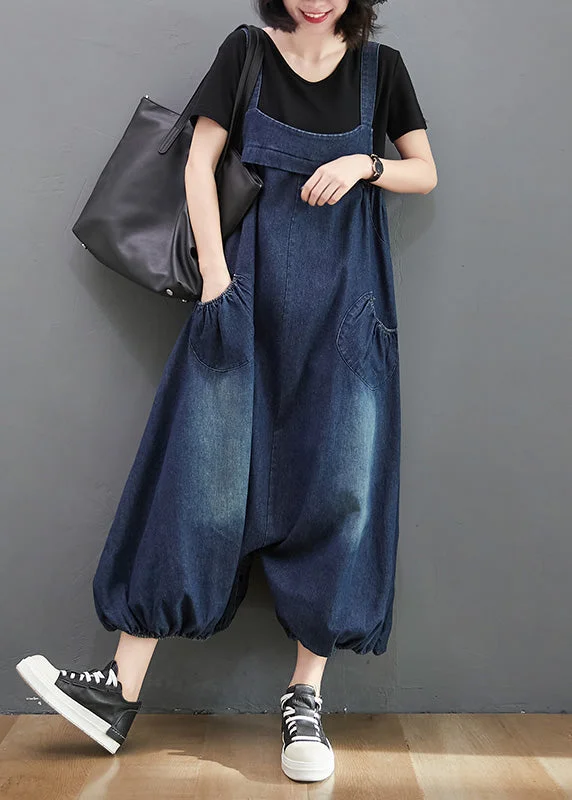 Loose Dark Blue Slash Neck Patchwork Lantern Jumpsuit Summer