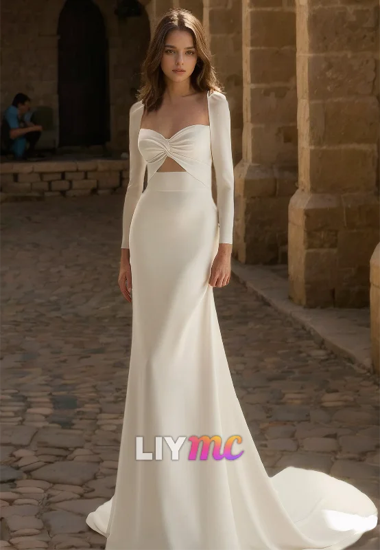 Sweetheart Long Sleeves Illusion Sleek Mermaid Wedding Dress