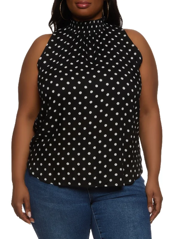 Plus Size Polka Dot Smocked Mock Neck Blouse