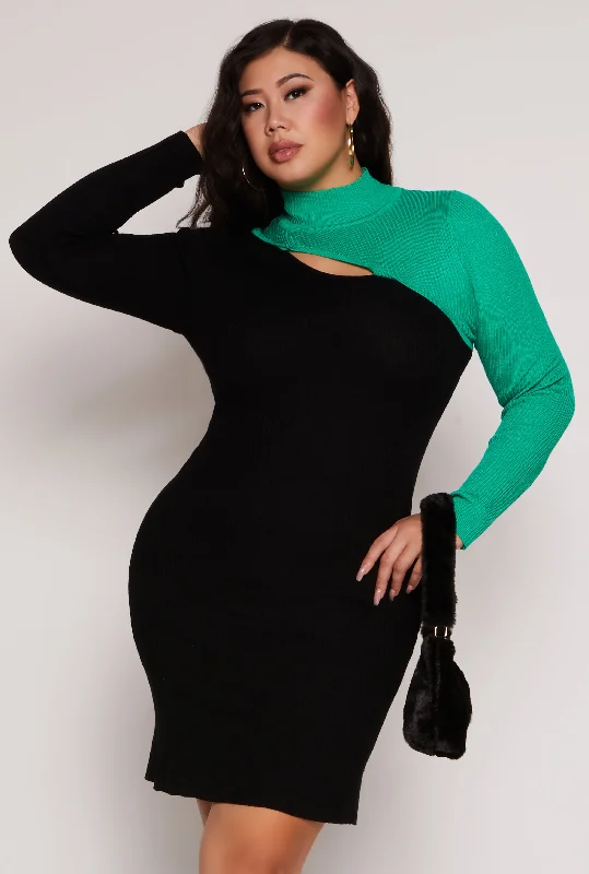 Plus Size Color Block Keyhole Sweater Dress