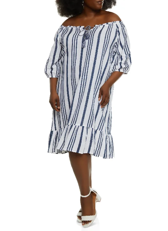 Plus Size Striped Tie Front Off the Shoulder Dress