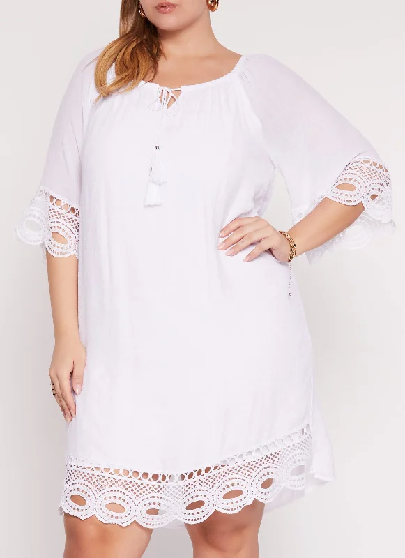 Plus Size Tie Neck Crochet Detail Shift Dress