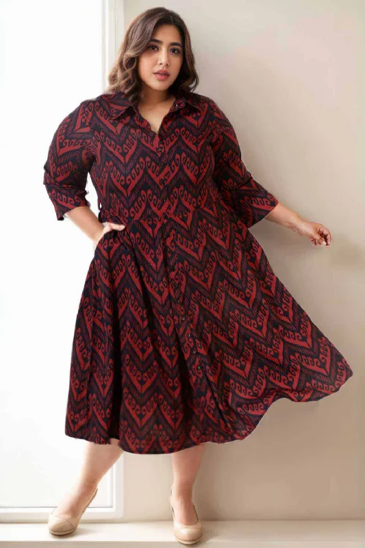 Plus Size Maroon Printed Crepe Shirt Dress