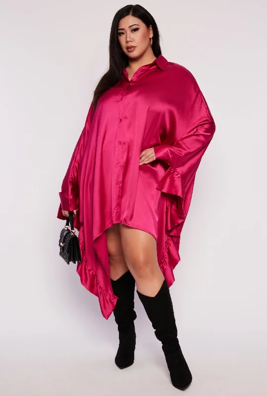 Plus Size Satin Oversized Ruffled Batwing Shirt Dress