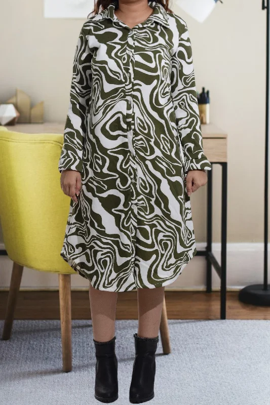 Olive Swirl Print Brushed Fleece Shirt Dress