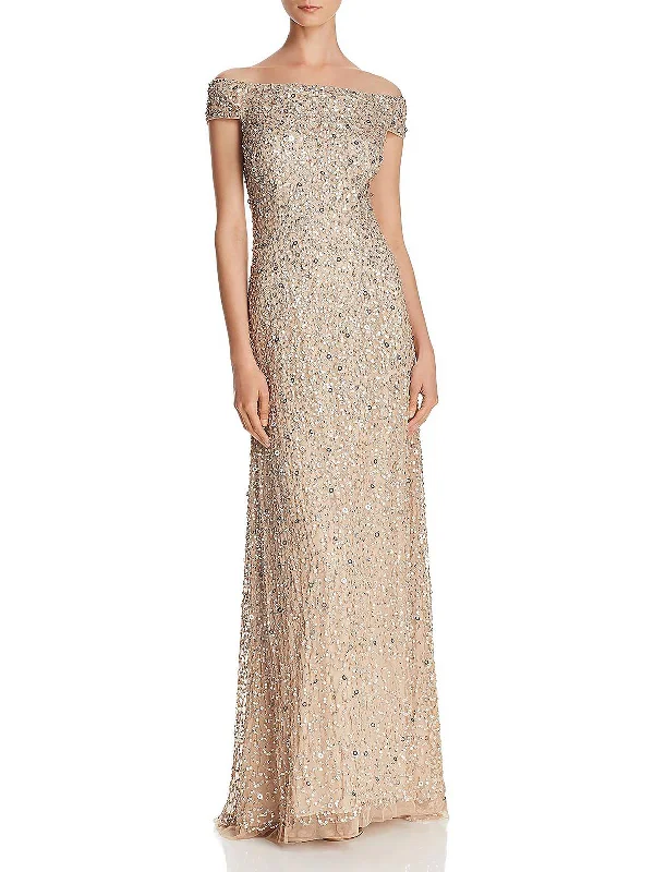 Womens Sequined Off-The-Shoulder Formal Dress