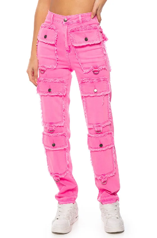 POCKET FULL OF SUNSHINE CARGO JEANS IN HOT PINK