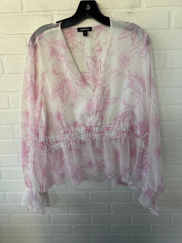 Top Long Sleeve By Express In Pink & White, Size: Xl