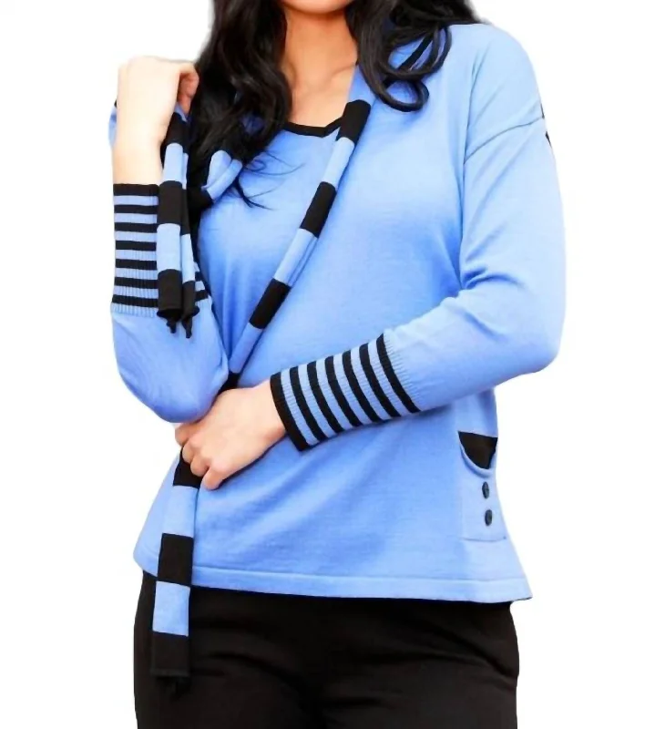 V-Neck Sweater With Scarf In Periwinkle/black